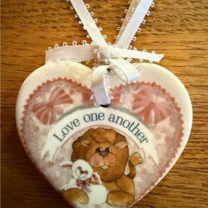Heart-Shaped Ceramic Ornament with Lion and Lamb